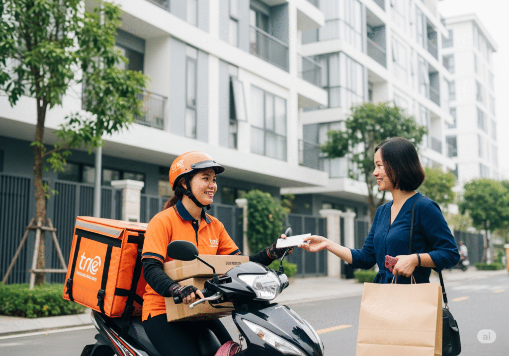 Một người giao hàng đang giao đơn hàng cho khách tại khu dân cư hiện đại