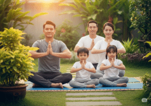 Gia đình Việt Nam cùng nhau tập yoga buổi sáng tại nhà để giảm stress.
