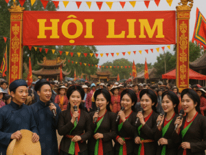 Nam thanh nữ tú trong trang phục truyền thống hát quan họ trên thuyền rồng tại Lễ hội Lim, Bắc Ninh.