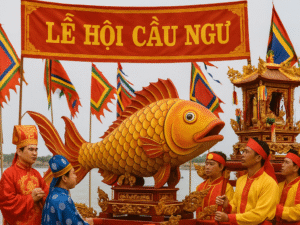 Lễ hội dân gian: Ngư dân mặc trang phục truyền thống tham gia rước cá Ông trên bãi biển trong Lễ hội Cầu Ngư ở miền Trung Việt Nam.