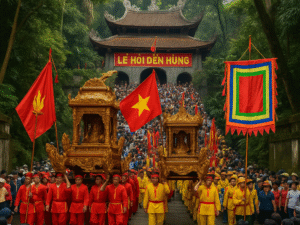 Dòng người hành hương về Đền Hùng dâng hương tưởng niệm các Vua Hùng vào ngày Giỗ Tổ tại Phú Thọ.
