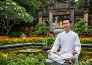 Nam thanh niên Việt Nam đang thiền chánh niệm tại vườn chùa.