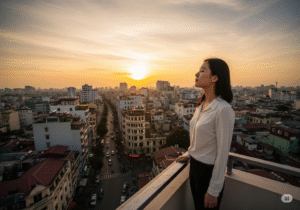 Nhân viên văn phòng tại Hà Nội đang thở sâu trên sân thượng khi hoàng hôn để giảm stress.