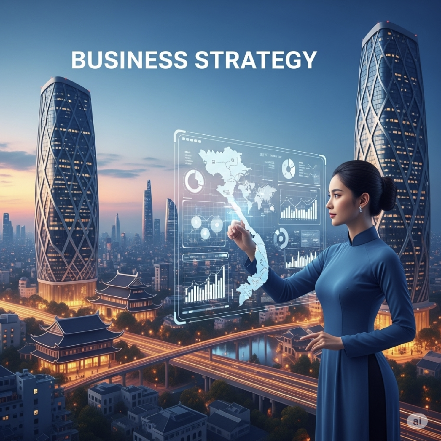 Nữ doanh nhân Việt Nam trẻ đang phân tích dữ liệu trên giao diện ba chiều trong một văn phòng hiện đại với tầm nhìn ra thành phố Hồ Chí Minh 2025.