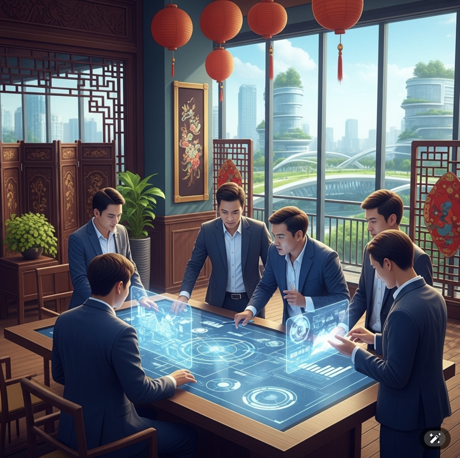 Thảo luận kế hoạch chiến lược xung quanh bàn tương tác công nghệ cao trong không gian văn phòng hiện đại pha trộn yếu tố truyền thống Việt Nam, nhìn ra Hà Nội 2025.