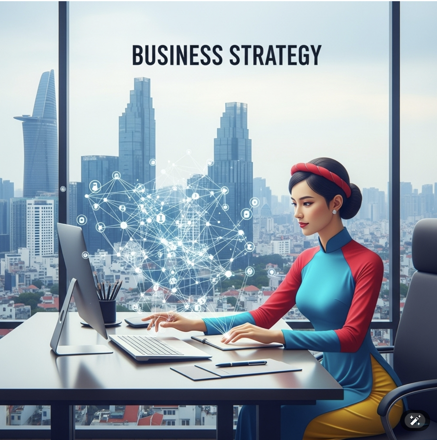 Làm việc với màn hình ba chiều hiển thị mạng lưới chiến lược phức tạp, với khung cảnh thành phố Hồ Chí Minh 2025 phía sau.