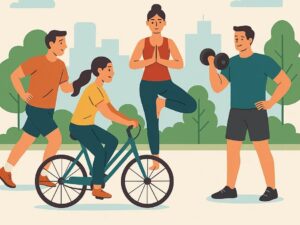 Nhóm người đang tham gia các hoạt động thể chất như chạy bộ, đạp xe, tập yoga và nâng tạ ngoài trời