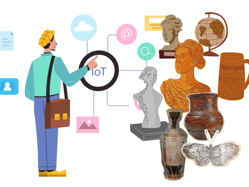 Một người đang thao tác với hệ thống IoT để quản lý các hiện vật bảo tàng như tượng điêu khắc, bình gốm, quả địa cầu và tiêu bản bướm.