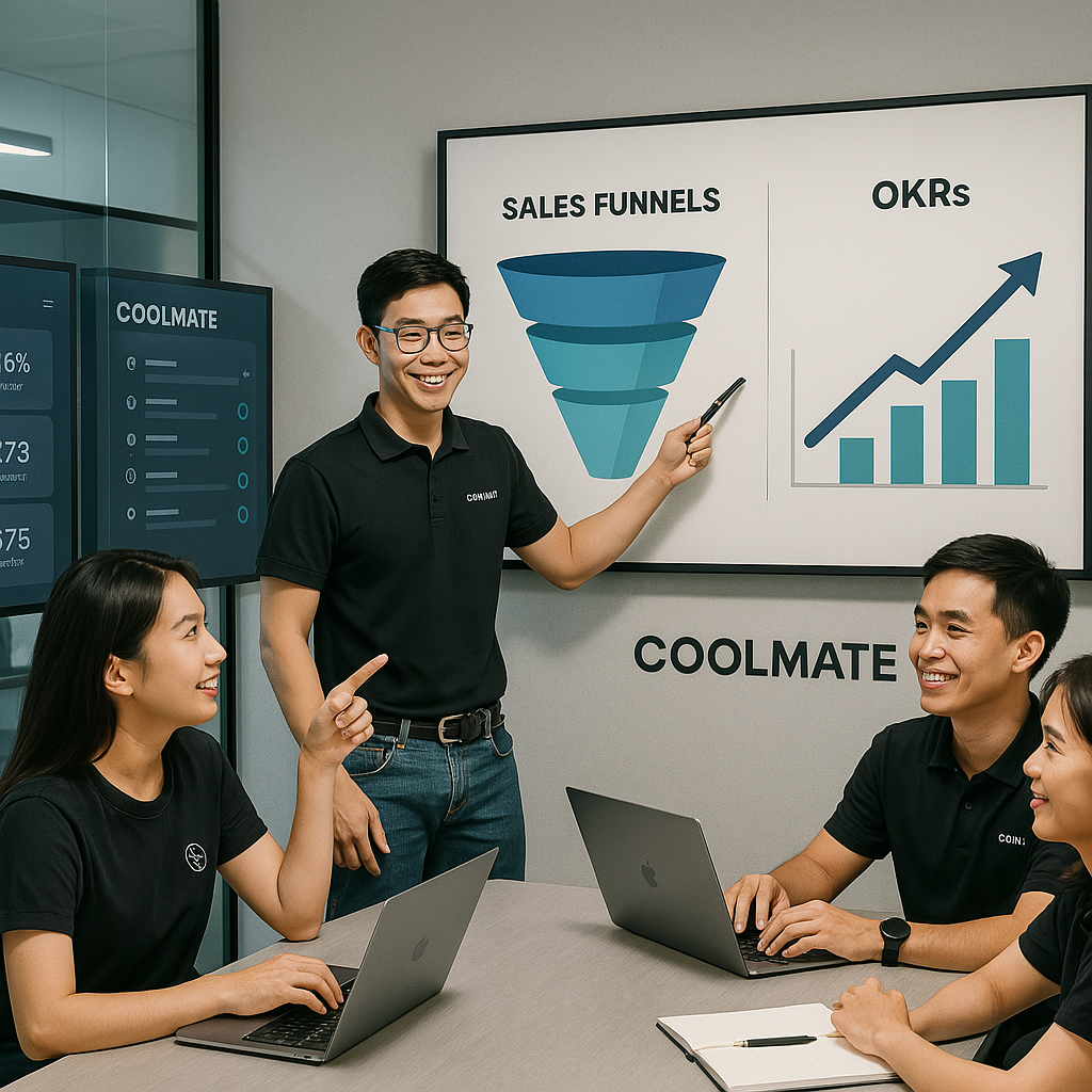 Nhân viên Coolmate họp chiến lược, xem biểu đồ tăng trưởng và OKRs trong phòng họp quản trị doanh nghiệp