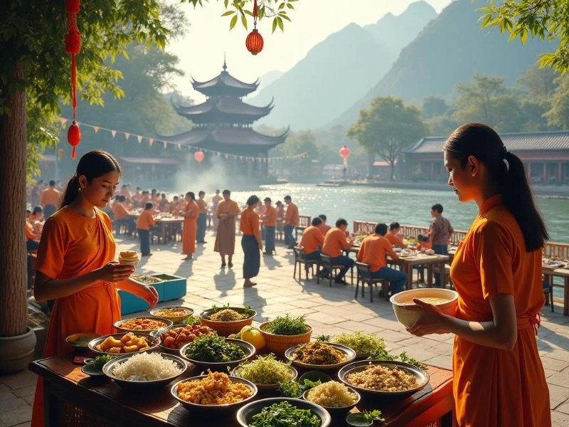 Du khách cùng nấu món chay tại chùa cổ Việt Nam, bên cạnh quầy hàng lễ hội với bánh bèo, xôi nếp và chè hạt sen.