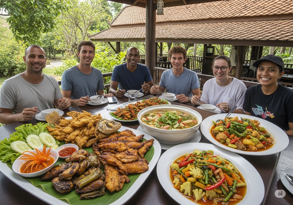 Ảnh du khách thưởng thức bữa trưa tại nhà vườn với các món đặc sản dân dã như cá tai tượng chiên xù, gà nướng lá chanh, canh chua cá lóc, rau luộc chấm kho quẹt,...