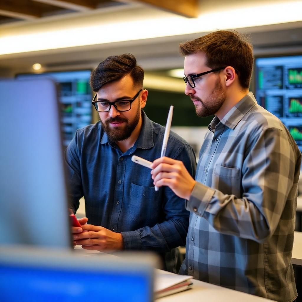 Hai chuyên gia digital marketing đang phân tích dữ liệu trên máy tính trong môi trường văn phòng hiện đại, thể hiện quy trình phân tích thông tin và tối ưu chiến lược content marketing bằng công nghệ.