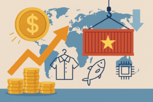 Tác động của tỷ giá USD/VND đến xuất khẩu Việt Nam – Minh họa sự biến động tỷ giá và ảnh hưởng tới ngành dệt may, thủy sản, điện tử; biểu tượng container xuất khẩu, đồng USD, và các ngành hàng chủ lực.