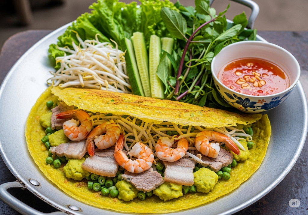 Bánh xèo miền Tây có kích thước lớn, với phần vỏ mỏng, giòn tan, được đổ bằng tay trên chiếc chảo to tráng đều mỡ. Nhân bánh đa dạng: từ tôm đất, thịt ba chỉ, giá đỗ, đến đậu xanh tán nhuyễn. 