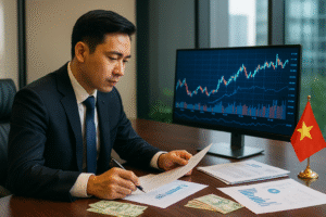 Chuyên viên ngân hàng trung ương Việt Nam trong bộ vest đang xem biểu đồ tỷ giá và tài liệu chính sách tại bàn làm việc với cờ Việt Nam và tiền đồng.