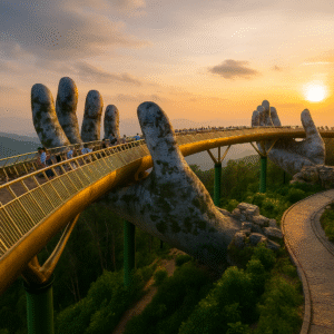 Cầu Vàng Bà Nà Hills Đà Nẵng với hai bàn tay khổng lồ nâng đỡ cầu, khách du lịch dạo bộ lúc hoàng hôn
