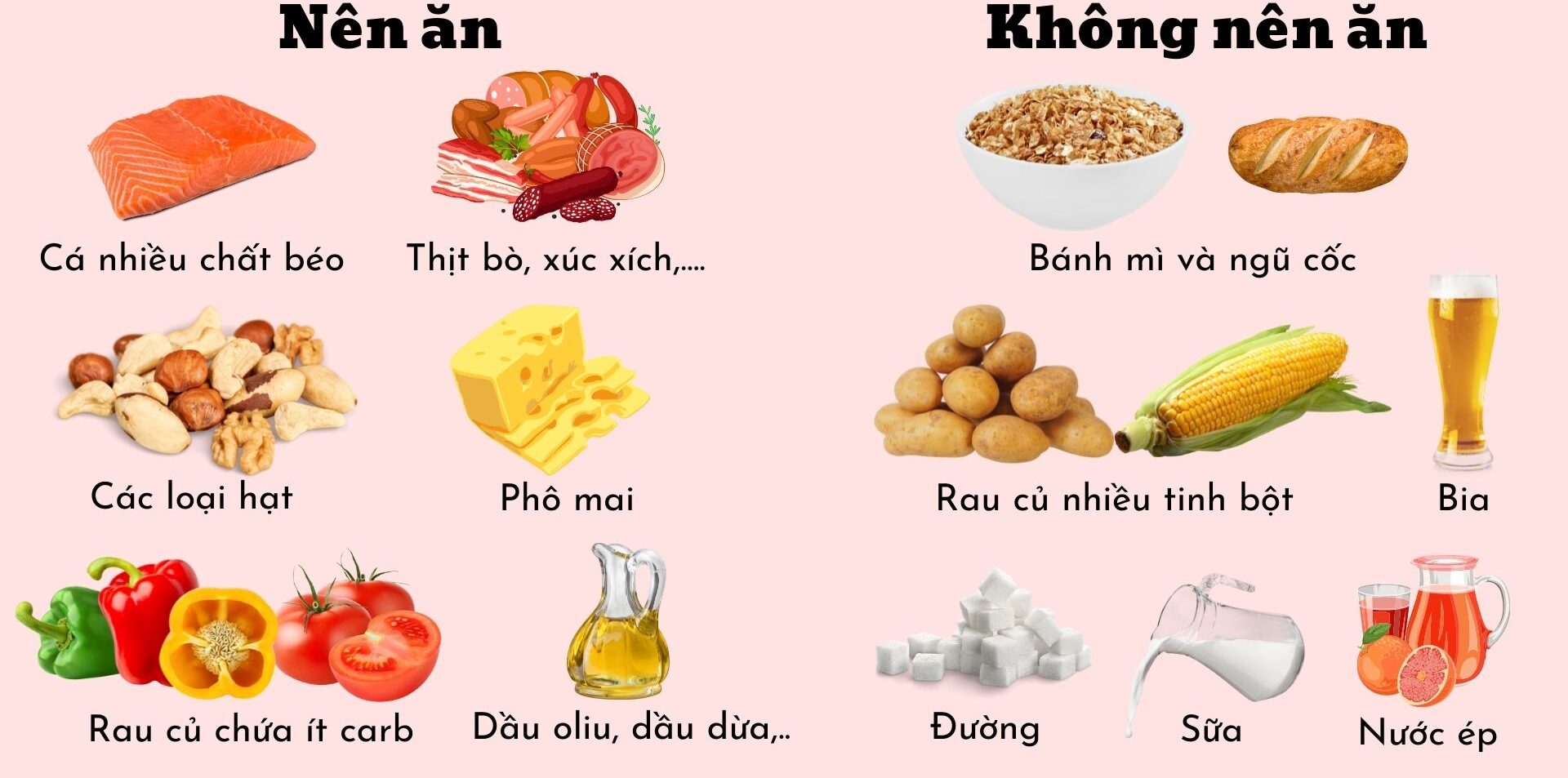 Cá, thịt, các loại hạt, rau củ, bánh mì, tinh bột, đường