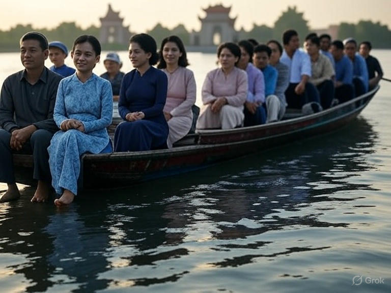 Đoàn người mặc áo dài truyền thống ngồi trên thuyền nhỏ trôi trên dòng suối Yến, trong khung cảnh yên bình hướng về chùa Hương ở phía xa.