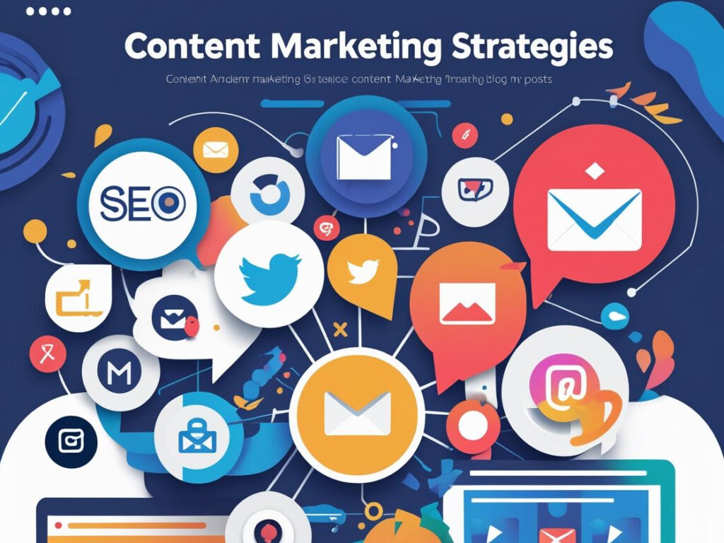 Hình minh họa các chiến lược content marketing năm 2025 với biểu tượng mạng xã hội, email marketing, SEO và tương tác kỹ thuật số, thể hiện các kênh phân phối nội dung hiện đại.