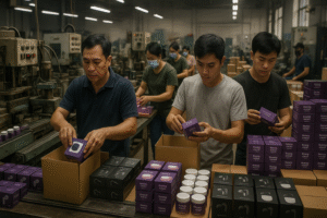 Nhóm công nhân trong một nhà máy sản xuất hàng giả đang đóng gói hàng giả có bao bì màu tím và đen, mô phỏng phẩm chức năng