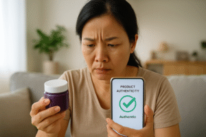 Phụ nữ trung niên Việt Nam lo lắng kiểm tra sản phẩm nghi là hàng giả tại nhà với ứng dụng xác minh nguồn gốc.