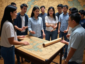 Nhóm sinh viên đang tham gia hoạt động trải nghiệm học tập về lịch sử và bản đồ cổ tại bảo tàng.