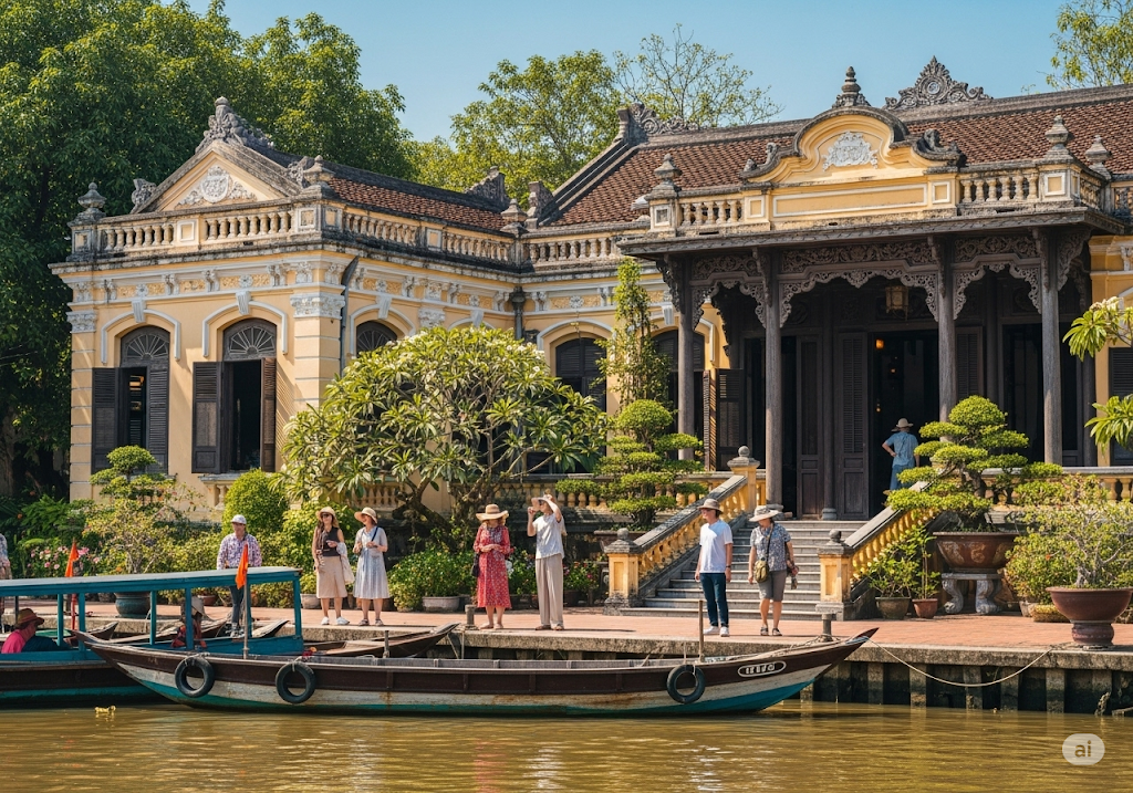 Du khách ghé nhà cổ Bình Thủy – một trong những căn nhà cổ đẹp nhất miền Tây, được xây dựng từ năm 1870. Với kiến trúc kiểu Pháp xen lẫn yếu tố truyền thống, nơi đây từng là bối cảnh cho nhiều bộ phim nổi tiếng, trong đó có “Người tình” (L’Amant)