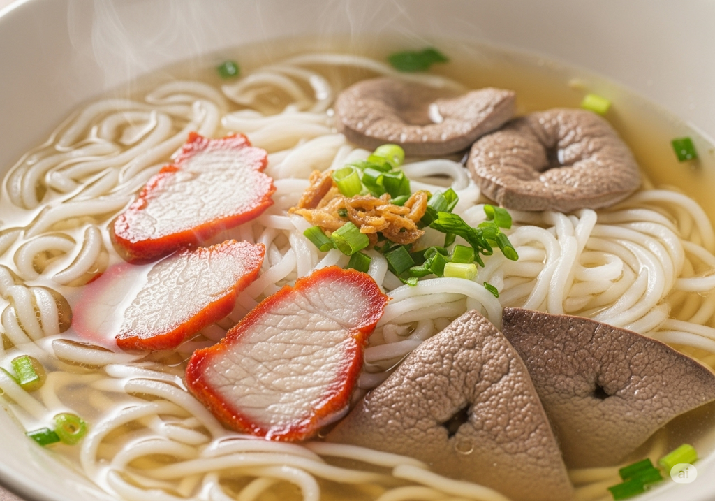 Sợi hủ tiếu trắng ngà, mềm dẻo, nước lèo thanh ngọt, ăn kèm tim gan, thịt xá xíu. 