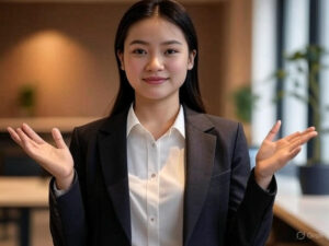 Nữ nhân viên trẻ đứng thẳng, ánh mắt trực diện và cử chỉ tay mở, thể hiện tư thế tự tin trong môi trường làm việc hiện đại.