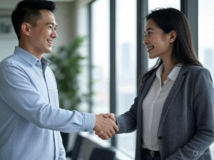 Nam và nữ đồng nghiệp trẻ bắt tay nhau trong văn phòng, thể hiện cử chỉ thân thiện và chuyên nghiệp.