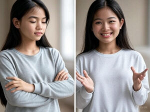 Hai ảnh so sánh một cô gái: bên trái khoanh tay, mắt cúi thể hiện sự khép kín; bên phải mỉm cười, tay mở thể hiện giao tiếp tự tin và thân thiện.