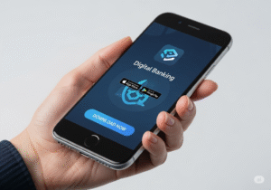 Hình ảnh đồ họa về digital banking, nổi bật là một chiếc điện thoại thông minh với màn hình phát sáng hiển thị ứng dụng ngân hàng số. Bàn tay đang cầm chiếc điện thoại