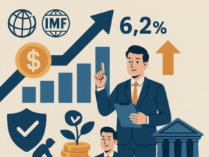 Minh họa kinh tế Việt Nam với biểu tượng tiền tệ, logo IMF và Ngân hàng Thế giới, doanh nhân bên cạnh biểu đồ tăng trưởng 6,2%, đồng xu, cây xanh và tòa nhà ngân hàng trên nền màu be.
