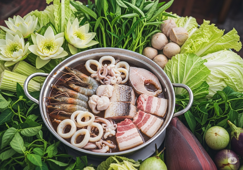 Món ăn lẩu mắm miền tây Nước dùng được nấu từ mắm cá linh hoặc mắm cá sặc, có màu nâu đậm, dậy mùi thơm nồng quyến rũ. Khi ăn, người ta cho vào nồi nào là tôm, mực, cá basa, thịt ba rọi,... rồi thêm vô cả rau đồng tươi rói như bông súng, rau nhút, bắp chuối, cải xanh, cà tím,... 