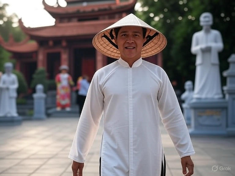 Người đàn ông mặc áo dài trắng và đội nón lá truyền thống, đứng trong khuôn viên di tích đền Hùng với tượng danh nhân và kiến trúc cổ kính phía sau.