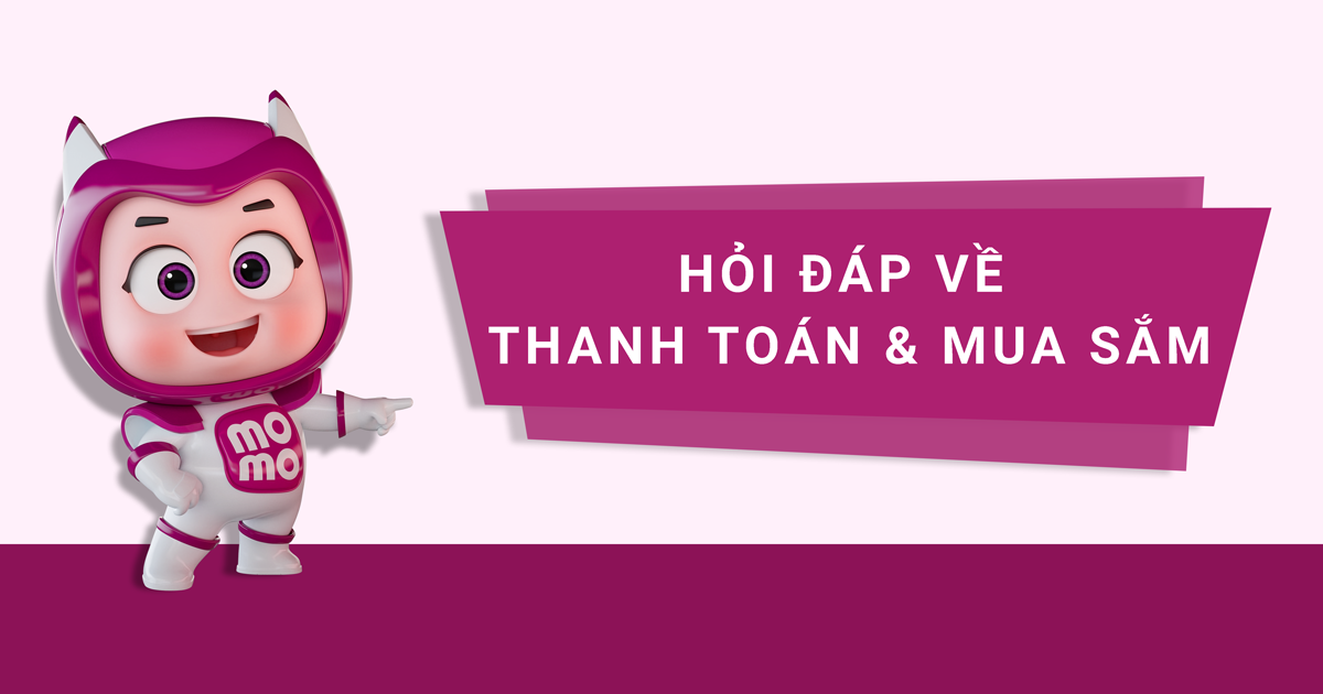 MoMo mascot đứng cạnh bảng thông tin Hỏi đáp về thanh toán và mua sắm trên nền màu hồng chủ đạo.