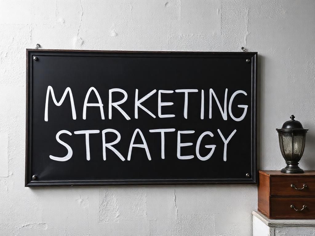 Bảng đen treo tường với dòng chữ "Marketing Strategy" viết tay nổi bật, biểu tượng cho chiến lược tiếp thị hiệu quả trong doanh nghiệp hiện đại.