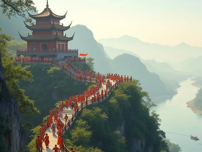 Sư thầy hành hương thiền định tại chùa Bái Đính vào lúc bình minh, toát lên vẻ thanh tịnh và uy nghiêm, phản ánh chiều sâu tâm linh trong văn hóa du lịch Việt Nam.