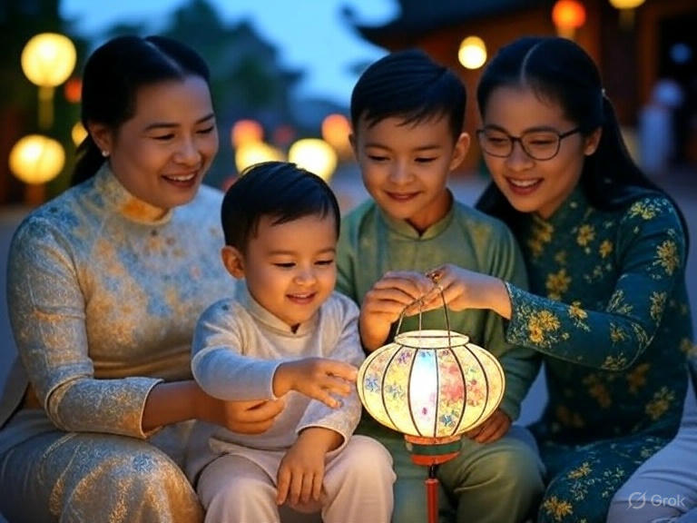 Gia đình mặc áo dài truyền thống Việt Nam quây quần bên nhau, cùng thắp đèn lồng trong không khí ấm áp của lễ hội Tết Nguyên Tiêu.