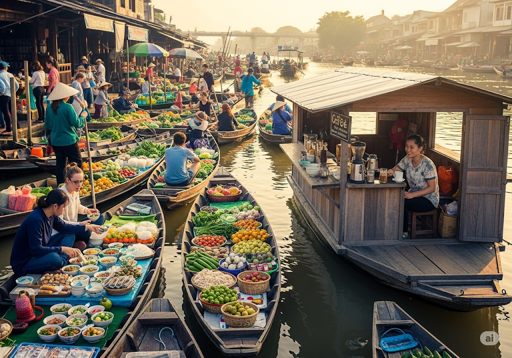 du khách tham quan chợ nổi với cảnh buôn bán sôi nổi trên ghe thuyền: từ trái cây tươi, bún riêu sáng, hủ tiếu gõ,... đến cả quán cà phê “di động” trên sông.