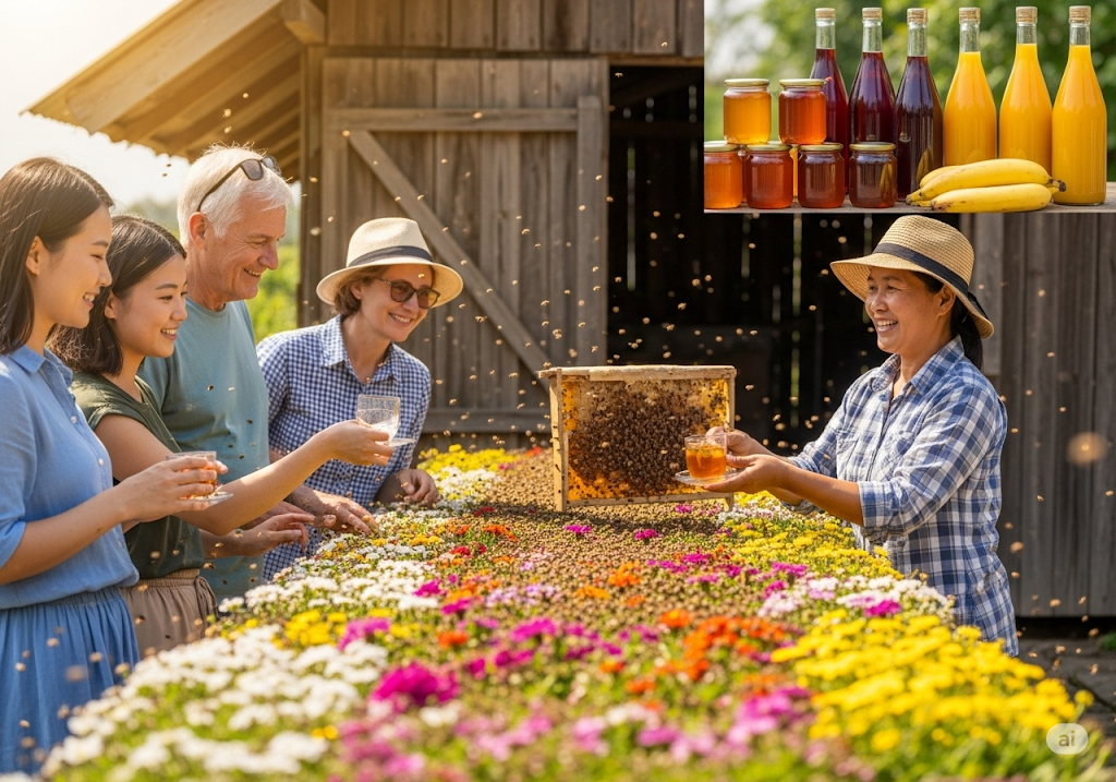 Trại nuôi ong và thưởng thức trà mật ong, rượu chuối hột – những sản phẩm nông nghiệp địa phương độc đáo.
