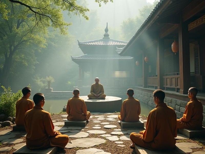 Các nhà sư ngồi thiền tại chùa cổ giữa núi rừng Việt Nam, sương sớm bao quanh và ánh nắng nhẹ len qua tán lá.