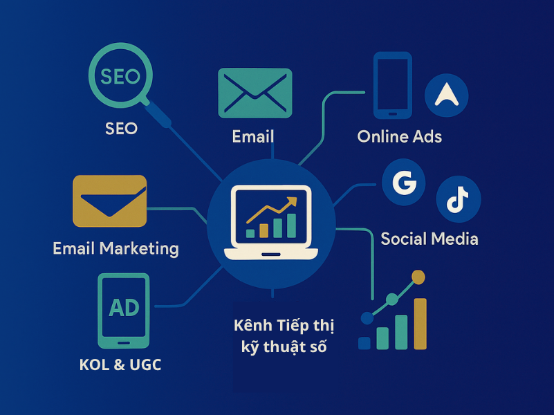 Sơ đồ các kênh tiếp thị kỹ thuật số gồm SEO, Email Marketing, Quảng cáo trực tuyến, Mạng xã hội, KOL và nội dung người dùng (UGC)