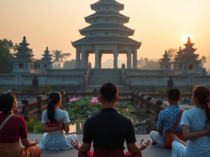 Một nhóm người thiền định yên bình trước chùa cổ Việt Nam vào bình minh. Hình ảnh gợi lên không gian tâm linh thanh tịnh năm 2025