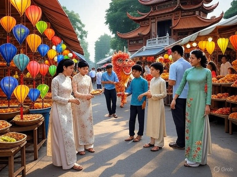 Một cảnh lễ hội truyền thống Việt Nam với các phụ nữ mặc áo dài truyền thống, người dân tham gia múa lân, và quầy hàng bán đèn lồng cùng đồ ăn, nền là một ngôi chùa cổ kính.