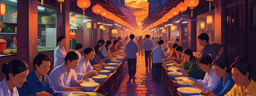 Khung cảnh phố ẩm thực nhộn nhịp vào lúc hoàng hôn, hai bên đường là dãy bàn dài với nhiều người đang chế biến và phục vụ món ăn Phở truyền thống Việt Nam. Những chiếc đèn lồng đỏ treo cao tỏa ánh sáng vàng ấm áp, tạo nên không gian cổ kính và đậm chất văn hóa. Khách bộ hành đi dạo giữa con phố lát đá, đắm chìm trong không khí lễ hội và ẩm thực đường phố sôi động.