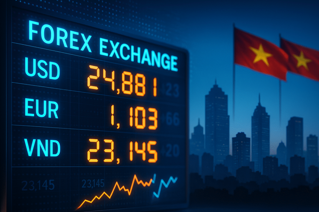 Bảng tỷ giá điện tử hiển thị USD, EUR, VND phát sáng màu cam – xanh, với nền là đường chân trời Hà Nội và cờ Việt Nam, biểu thị bối cảnh tỷ giá ngoại tệ tại Việt Nam.