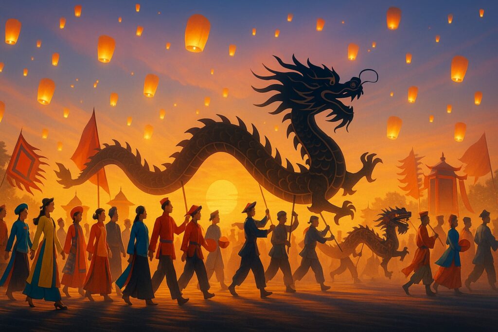 Đoàn lễ diễu hành rước rồng trong lễ hội truyền thống Việt Nam