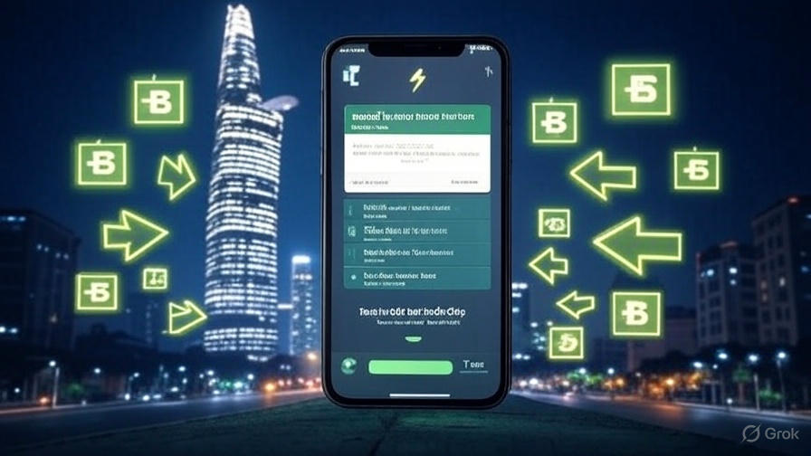 Hình ảnh minh họa công nghệ chuyển tiền nhanh tại thành phố Việt Nam vào ban đêm