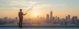 Doanh nhân Việt Nam đứng trên sân thượng nhìn ra toàn cảnh TP.HCM hiện đại năm 2025 với biểu đồ tăng trưởng ảo trong tay, thể hiện tầm nhìn chiến lược và khát vọng phát triển kinh doanh.